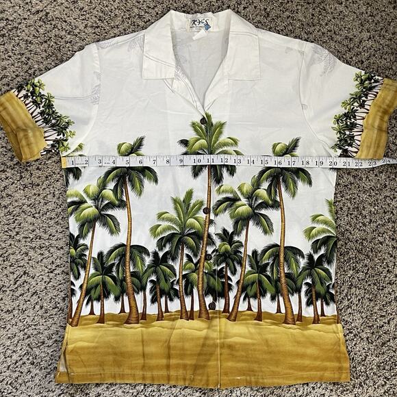 Vtg KY'S Hawaiian Cotton Button Up Camp Shirt  Beach Palm Tree Graphic 70s 80s S - Picture 6 of 7